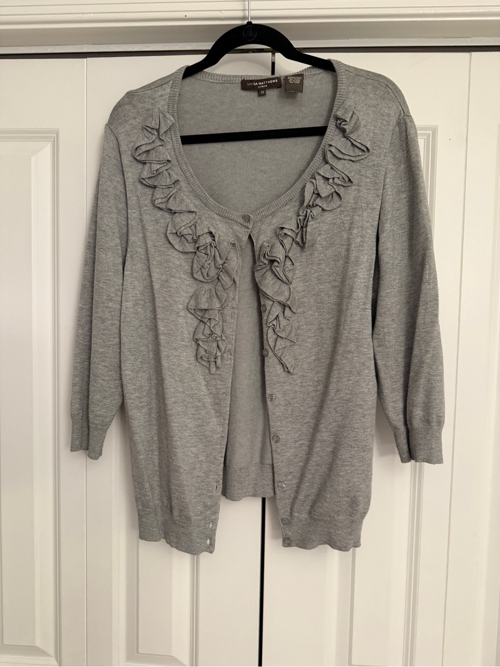 Linda Matthews Woman Gray Ruffle Cardigan Sweater 1X